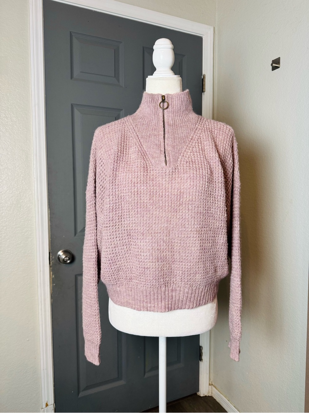 Dusty Pink Heather Quarter Zip Half Zip Waffle Knit Cropped Pullover Sweater